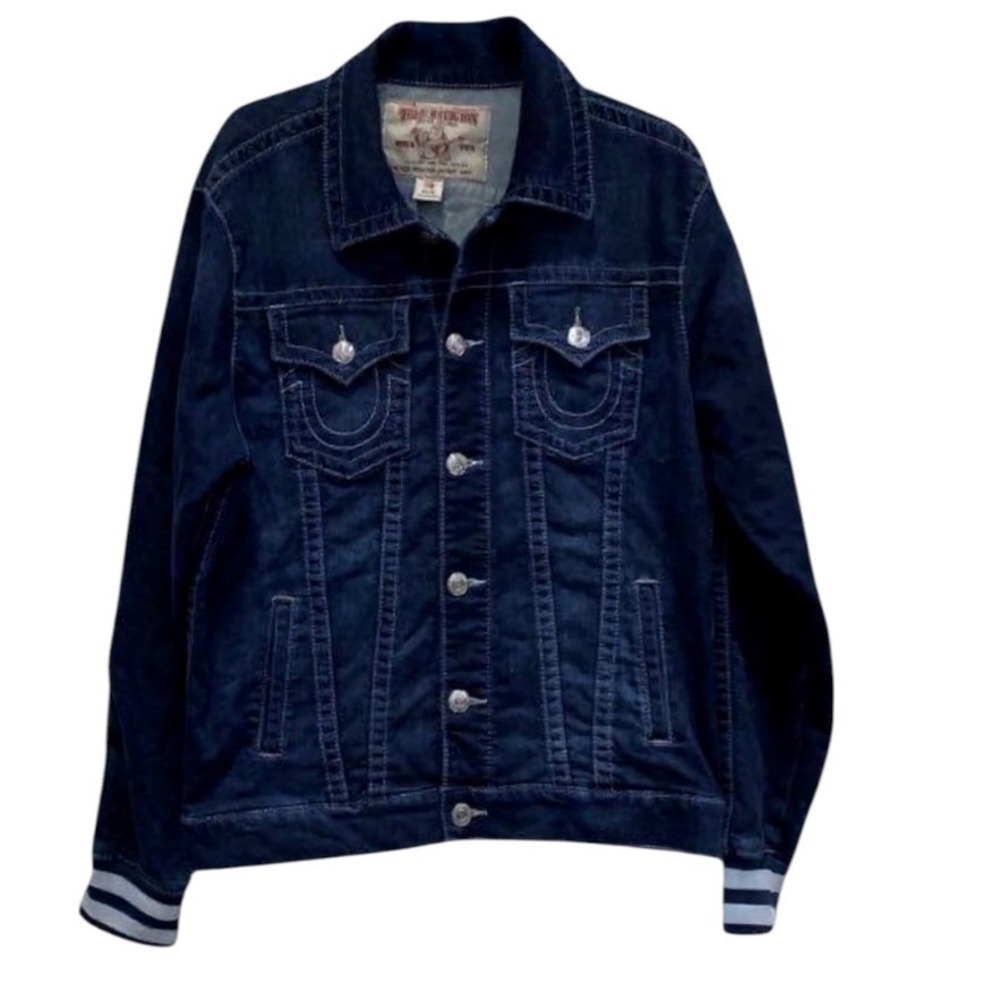 True Religion Denim Trucker Jacket Men's XL Dark Wash Button Front Striped Cuffs - Picture 2 of 9